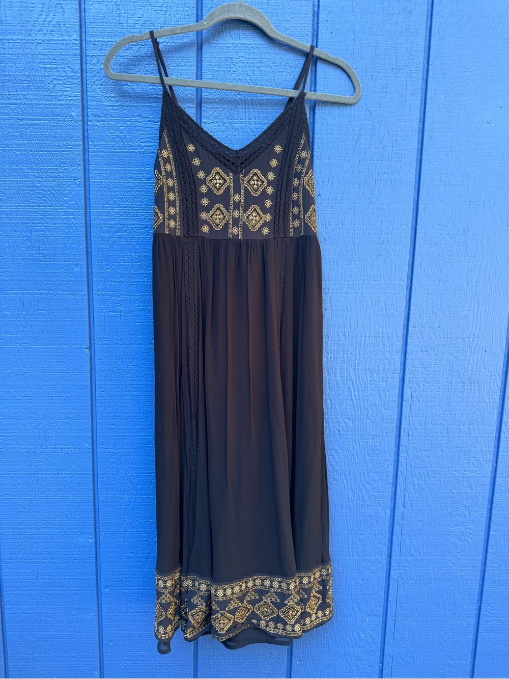 Lucky Brand Black Midi Dress with Gold Embroidery